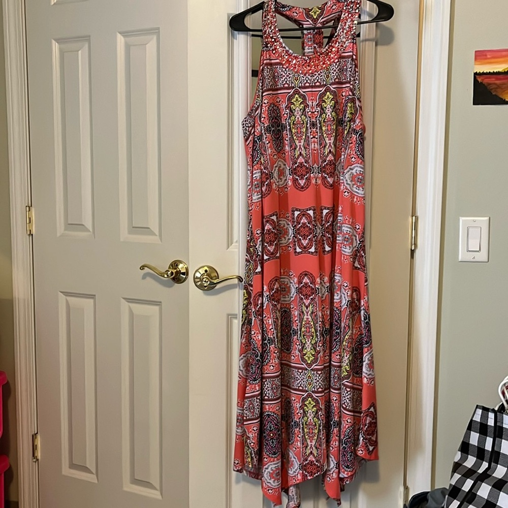 INC International Concepts Coral and Black Beaded Halter Maxi Dress 2X